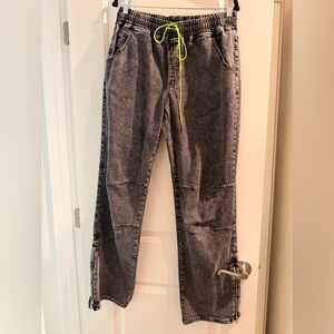 Fashion Nova Gray Flare Jeans with Neon Drawstring